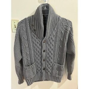 LL Bean Signature Cardigan Mens M Grey Cotton Fisherman Sweater Shawl Collar